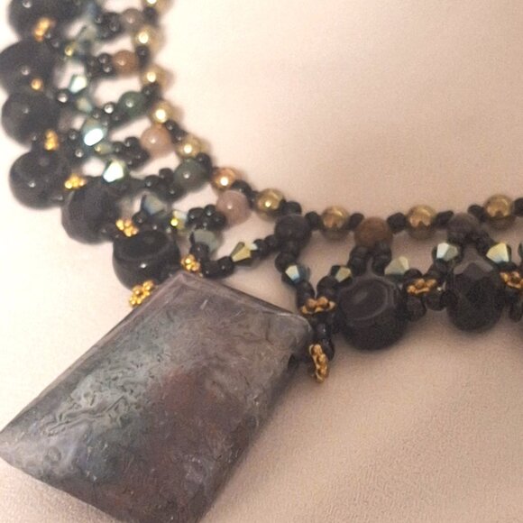 Artisan Dark Agate and Iridescent Crystal Bead Collar Necklace with Gold Accents - Picture 3 of 7